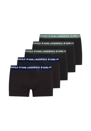 Cinco pares de bóxers negros para hombre con cinturillas elásticas en verde y azul, con el logo y la silueta de "KARL LAGERFELD".