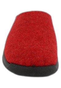 Red felt slipper with a rounded toe, featuring a black rubber sole. Texture is soft and fuzzy; design is simple without additional patterns.