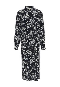 Robe longue noire à motifs floraux, avec un col, une fermeture à boutons à l'avant, des manches longues et une taille à nouer. Présente des motifs floraux blancs et gris clair. Tissu doux.