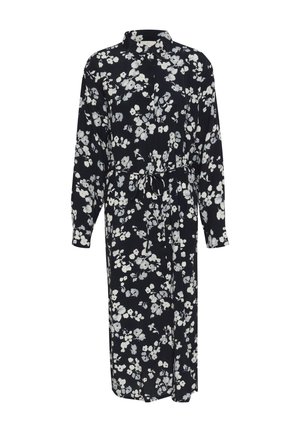 Langes, schwarzes Blumenkleid mit Kragen, Knopfverschluss, langen Ärmeln und gebundenem Taillengürtel. Verziert mit weißen und hellgrauen Blumenmustern. Weicher Stoff.