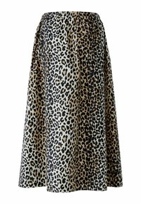 Leopardenmuster-Rock mit einem elastischen Bund, versehen mit schwarzen Flecken auf einem beigen Hintergrund. Ausgestelltes Design und leichter Stoff.
