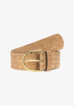 Tan textuur riem met een gouden metalen ronde gesp. Kenmerkt een krokodillenleerpatroon en een gladde afwerking. Verstelbare lengte voor een goede pasvorm.