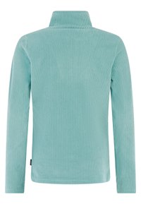 Svetlomodrý rebrovaný pulóver s dlhým rukávom a vysokým golierom, zobrazený zozadu.