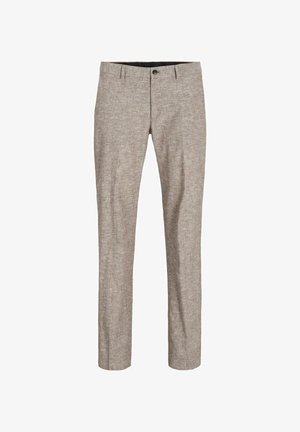 Pantalons en toile beige à tissage subtil, coupe droite, fermeture éclair et bouton à l'avant. Sans poches visibles ni embellissements.