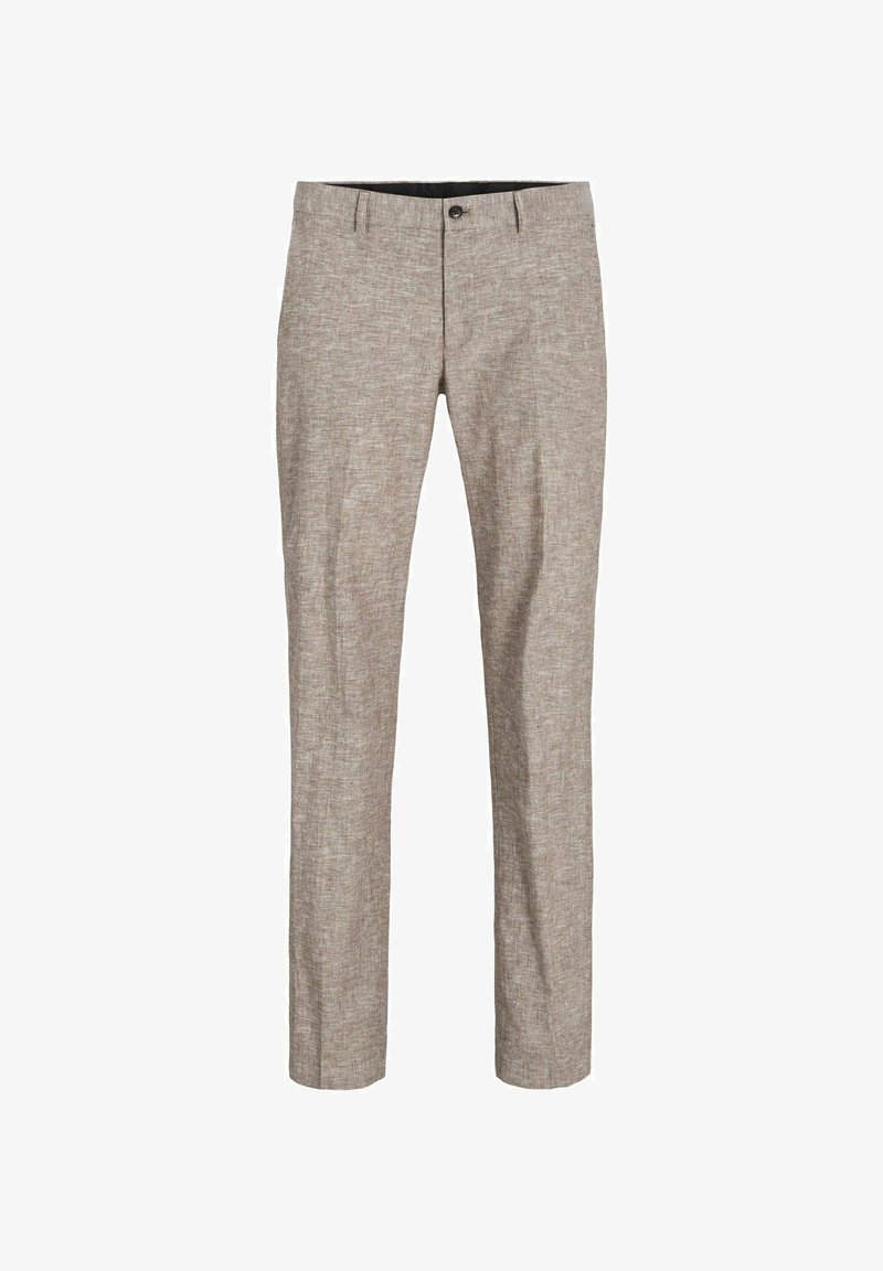 Šviesiai rudos pintos kelnės iš audinio su subtiliu tekstūru, tiesaus kirpimo, su užtrauktuku ir priekiniais mygtuko užsegimais. Nėra matomų kišenių ar dekoracijų.