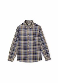 Koszula z długim rękawem zapinana na guziki w kratkę, w odcieniach niebieskiego, beżowego i brązowego. Materiał bawełniany z kieszenią na piersi i standardowym kołnierzykiem.