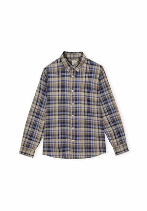 Koszula w niebiesko-brązowo-beżową kratę z długim rękawem, kołnierzykiem na guziki i przednią kieszenią, z pasującymi guzikami i miękką teksturą tkaniny.