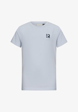 T-shirt in cotone grigio chiaro con maniche corte, scollo rotondo e un piccolo logo nero "RETOUR R" sul lato sinistro del petto. Tessuto liscio.