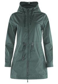 Zielona, wodoodporna kurtka z zamkiem błyskawicznym, regulowanym ściągaczem w talii i kapturem. Gładka tekstura z minimalnymi detalami marki.