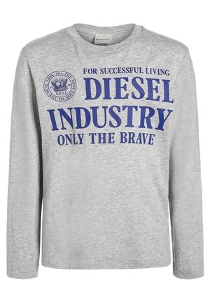 Grå langærmet t-shirt med blå tekst, der lyder ""For Successful Living Diesel Industry Only The Brave"" og et cirkulært logo på venstre bryst.