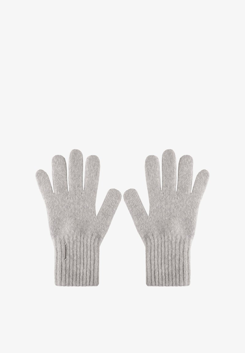 Mănuși tricotate gri cu manșete elastice, având cinci deschideri pentru degete și o textură moale, concepute pentru căldură și confort.