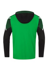Groene hoodie met zwarte mouwen, geometrische patroonaccenten op de schouders en een capuchon met trekkoord. Glad textuur en aansluitend ontwerp.