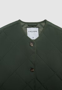 Grüne gesteppte Jacke mit V-Ausschnitt-Kragen, ausgestattet mit einem braunen Knopf und Logolabel. Leichter Stoff mit Diamantmuster und gestepptem Textureffekt.