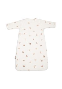 Sac de couchage pour bébé, en coton blanc avec des motifs d'animaux marron clair, manches longues, col rond et ourlet légèrement courbé en bas.