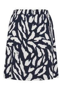 Jupe bleu marine avec taille élastique, présentant un motif irrégulier de coups de pinceau abstraits blancs et une silhouette légèrement évasée.