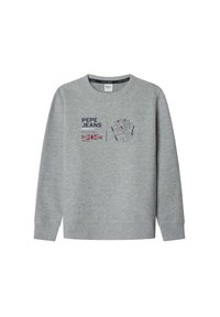 Felpa grigia realizzata in misto cotone. Presenta polsini e orlo a costine, logo stampato e design con bandiera britannica. Silhouette semplice con scollatura a girocollo.