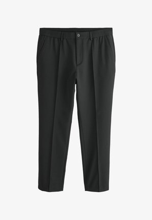 Black straight-leg dress pants with elastic waistband, button closure, belt loops, side pockets, and front crease detailing.