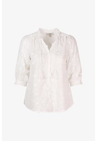 Weiße Baumwollbluse mit floralem Stickerei, Knopfleiste, Quastenakzenten und Dreiviertelärmeln. Sie hat einen gerafften Kragen und Rippbündchen.