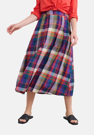 Plaid midi skirt featuring a variety of colors including purple, green, red, and white; pleated design and lightweight material.