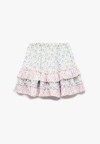 Falda de estampado floral en blanco y azul claro con volantes rosa y cintura elástica. Tejido ligero con una textura suave.