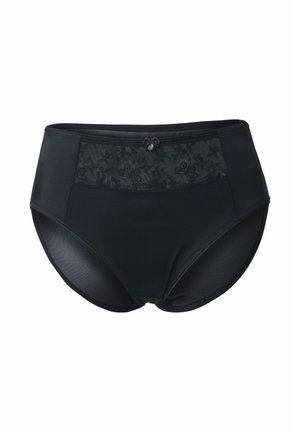 Zwarte slip met hoge taille van zachte stof. Voorzien van een kanten paneel bij de taille, een decoratief knoopje en gladde, naadloze randen.