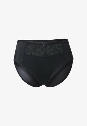 Zwarte slip met hoge taille van zachte stof. Voorzien van een kanten paneel bij de taille, een decoratief knoopje en gladde, naadloze randen.