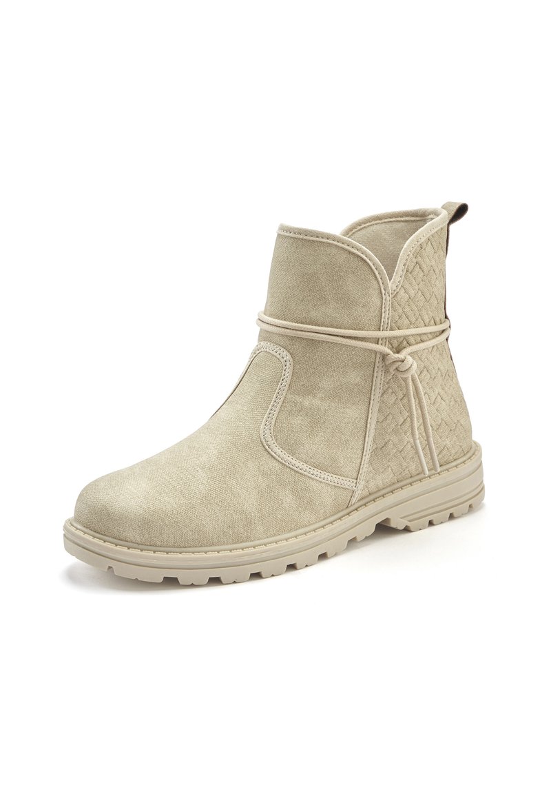 Beige Knöchelstiefel aus weichem Wildleder mit einer gewobenen Textur an der Seite, runder Zehenform und einer leichten Gummisohle. Verfügt über ein dekoratives Bindedetail.