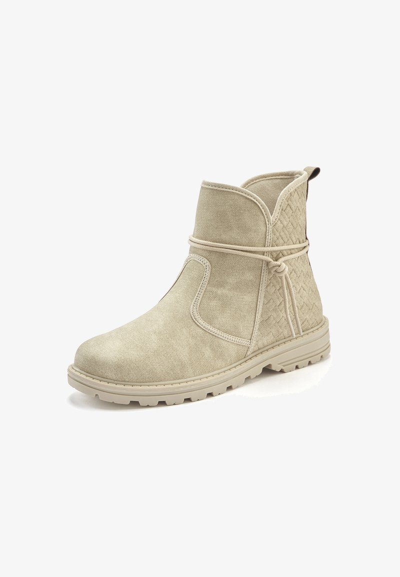 Beige Knöchelstiefel aus weichem Wildleder mit einer gewobenen Textur an der Seite, runder Zehenform und einer leichten Gummisohle. Verfügt über ein dekoratives Bindedetail.