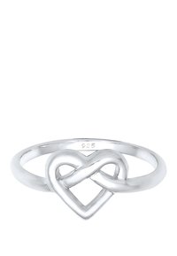 Sterling sølvring med et sammenfiltret uendeligt hjerte design, glat overflade med en poleret finish, stemplet '925' indeni bæltet.