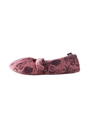 Pink fabric slipper featuring a dark floral pattern, soft texture, rounded toe, and a decorative strap across the front.