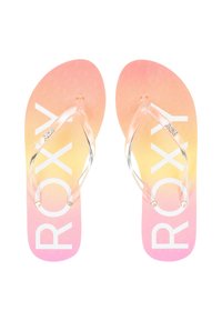 Roxy flip flops med en gradient rosa og oransje fargekombinasjon, gjennomskinnelige stropper, teksturert såle og en iøynefallende hvit logo på overflaten.