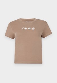 Brown cotton t-shirt with a crew neckline. Features white graphic elements: a cactus, sun, wave, hand, and heart. Short sleeves.