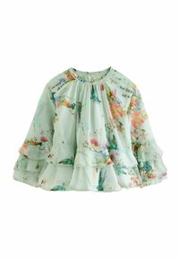 Top floreale in verde menta, con maniche arricciate e scollatura arrizzata. Decorato con uccelli e fiori colorati, e tessuto testurizzato.