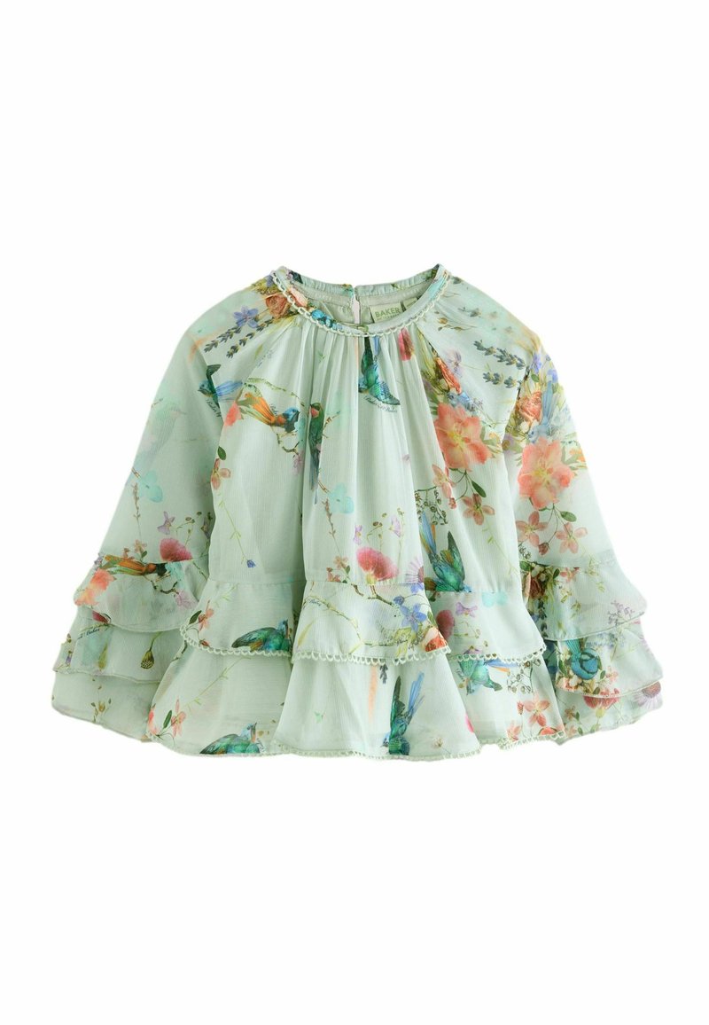 Top floreale in verde menta, con maniche arricciate e scollatura arrizzata. Decorato con uccelli e fiori colorati, e tessuto testurizzato.