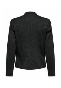 Charcoal šedý blazer vyrobený z tkané látky, s rovný střihem, dlouhými rukávy a jednoduchým límcem. Čisté linie a upravený zadní díl.
