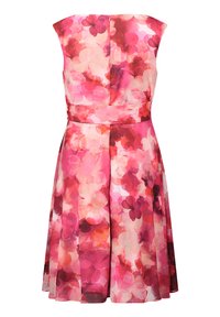 Ärmelloses Kleid mit floralem Design in verschiedenen Pinktönen, mit tailliertem Schnitt und weitem Rock. Der Stoff ist leicht und glatt.