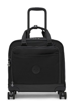 Borsa da viaggio nera con rotelle, manico telescopico, tasca frontale con cerniera, doppia maniglia e quattro ruote girevoli.