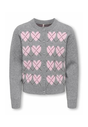 Cardigan gris boutonné avec des motifs de cœurs roses disposés en quatre rangées horizontales sur le devant et des manches longues.