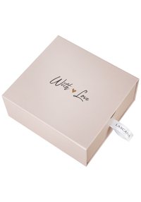 Rose pink rectangular box with a folding lid, featuring the text "With Love" in gold. Includes a white ribbon with "LASCANA" label.