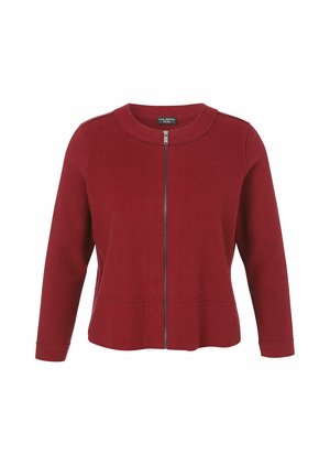 Rote Langarmjacke mit rundem Kragen und Frontreißverschluss, leicht ausgestellt am Saum und Schulternahtdetails.