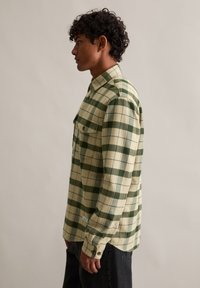 Man met krullend haar, gekleed in een groen-crèmekleurig geruit shirt met lange mouwen en een donkere broek, staand in profiel tegen een effen achtergrond.