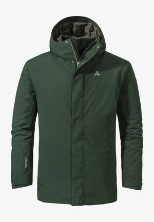 Green waterproof jacket with a hood, zip and snap closure, two side pockets, and a logo on the chest. Features a smooth texture and durable material.