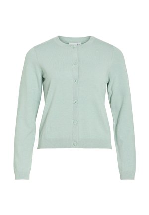 Cardigan vert clair à manches longues avec boutons, poignets et ourlet côtelés, présentant un col rond et six boutons assortis sur le devant.