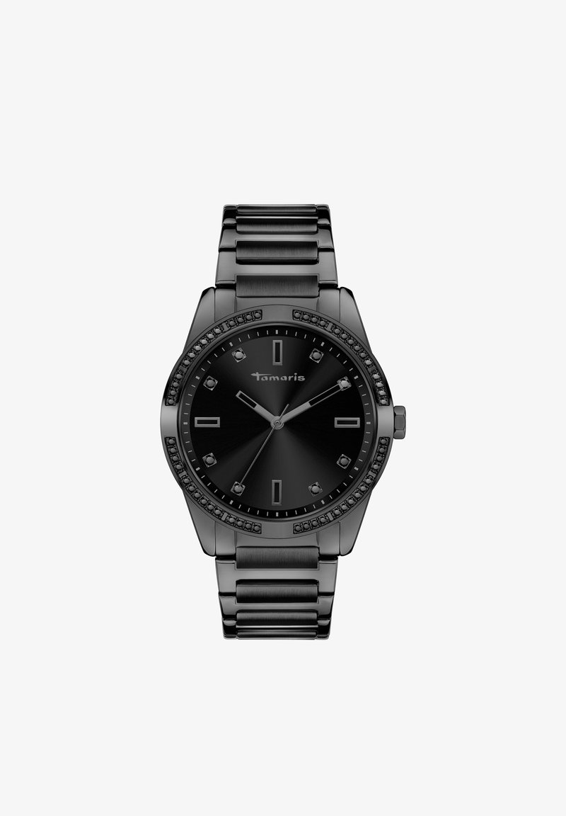 Sort metalurursus med en poleret overflade, rund urskive, minimalistiske timemarkører og en bezel pyntet med små sorte sten.