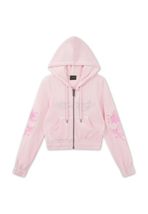 Light pink zip-up hoodie with front pockets, floral embroidery on sleeves, a rhinestone wing design on chest, and elastic cuffs and hem.