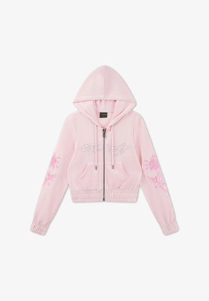 Light pink zip-up hoodie with front pockets, floral embroidery on sleeves, a rhinestone wing design on chest, and elastic cuffs and hem.