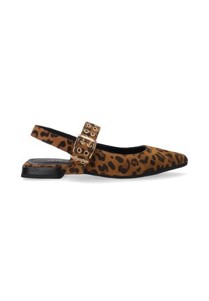 Leopard print slingback flat shoe in brown and black suede. Features pointed toe and a decorative buckled strap. Low, square heel.