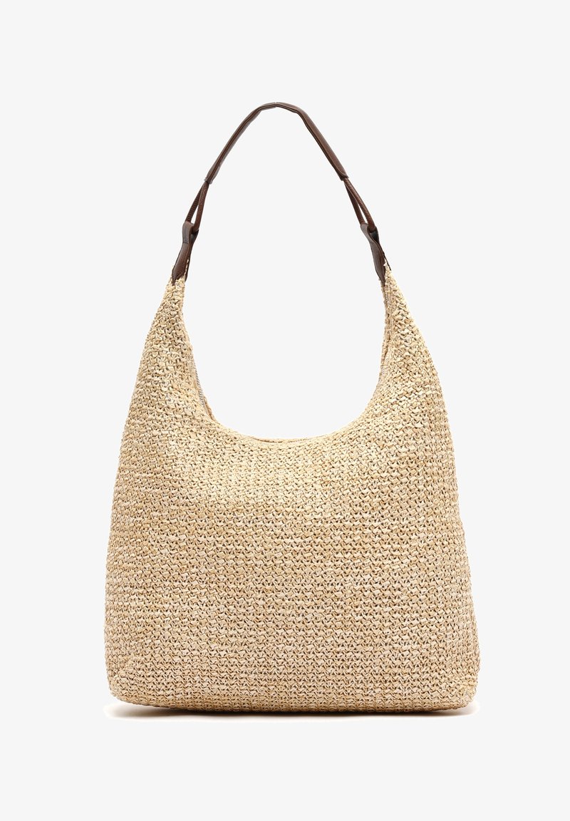 Sac hobo en paille tissée de couleur beige naturel avec une surface douce et texturée, et une bandoulière incurvée en cuir marron.