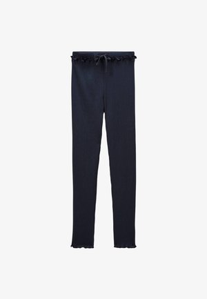 Leggings bleu foncé à côtes avec une taille à cordon et un ourlet froncé. Fabriqués en tissu doux et extensible pour plus de confort et de facilité de mouvement.