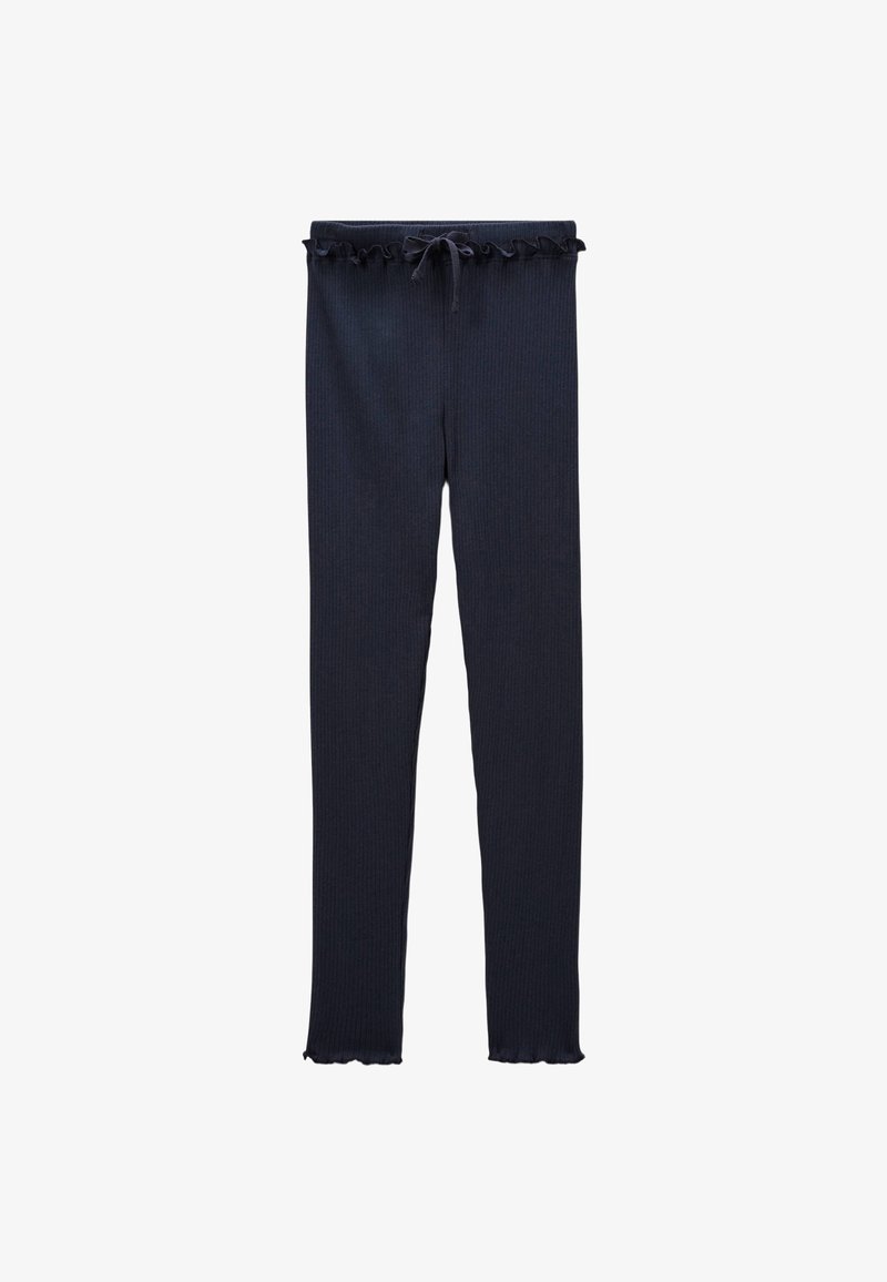 Leggings bleu foncé à côtes avec une taille à cordon et un ourlet froncé. Fabriqués en tissu doux et extensible pour plus de confort et de facilité de mouvement.